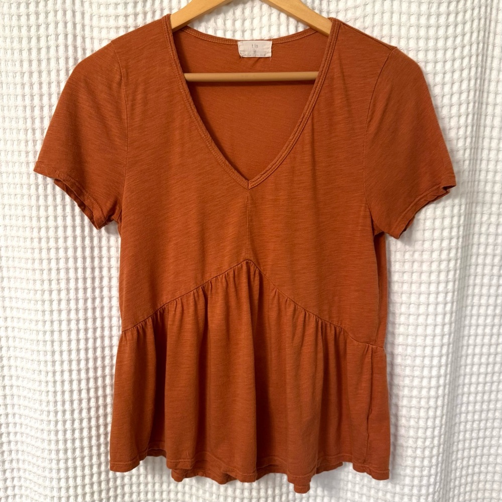 Anthropologie | T.La Pumpkin Orange V-Neck Peplum Short Sleeve Top Size XS